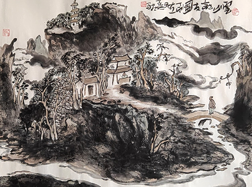孔晓书作品10《云山访友图》国画(91.5x72cm 2017)